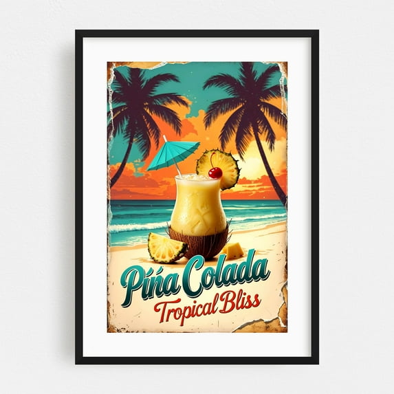 Retro Beach Drink Print: Timeless Island Charm - Illustration Tropical Cocktail Vintage Poster Summer Beach Palm Tree Fruit Black Framed Wall Art Print 12 x 18 inches