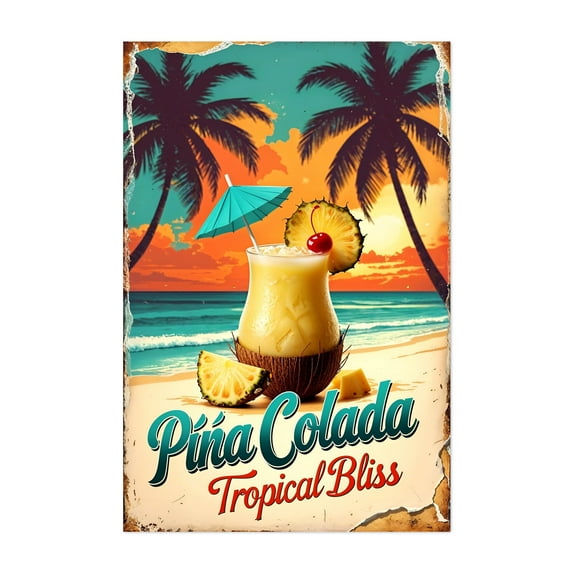 Retro Beach Drink Print: Timeless Island Charm - Illustration Tropical Cocktail Vintage Poster Summer Beach Palm Tree Fruit Unframed Wall Art Print 8 x 12 inches
