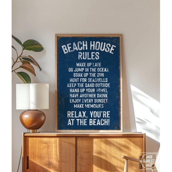 Retro Beach House Rules In Navy Blue Rustic Beach House Decor Distressed Beach House Gift Summer Rental Decor