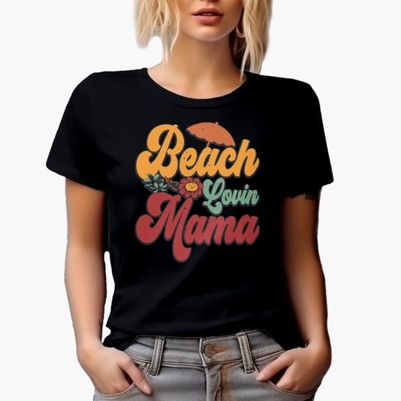 Retro Beach Lovin Mama, Summer or Vacation Time, Black T-Shirt, Medium