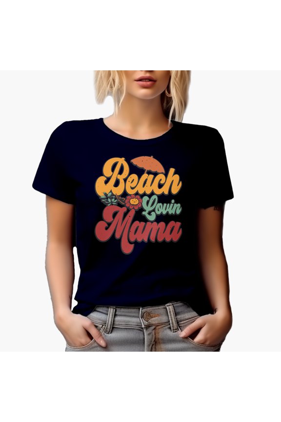Retro Beach Lovin Mama, Summer or Vacation Time, Navy Blue T-Shirt, Large