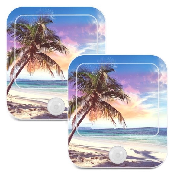 Retro Beach Palm Tree 2 Pack LED Motion Sensor Night Light Plug into Wall Auto Dusk to Dawn Adjustable Brightness for Kids Bedroom Hallway Nursery Room