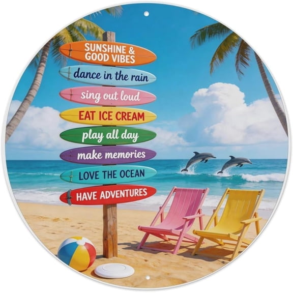Retro Beach Palm Trees Inspirational Quote Round Tin Metal Sign, Vintage Wall Poster, 8 x 8 Inch
