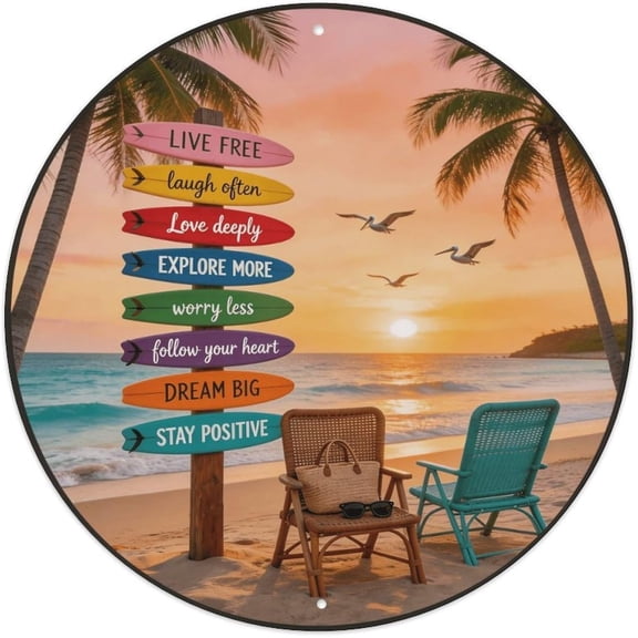 Retro Beach Palm Trees Inspirational Quote Round Tin Metal Wall Sign, Vintage Style Poster, 8 x 8 Inch