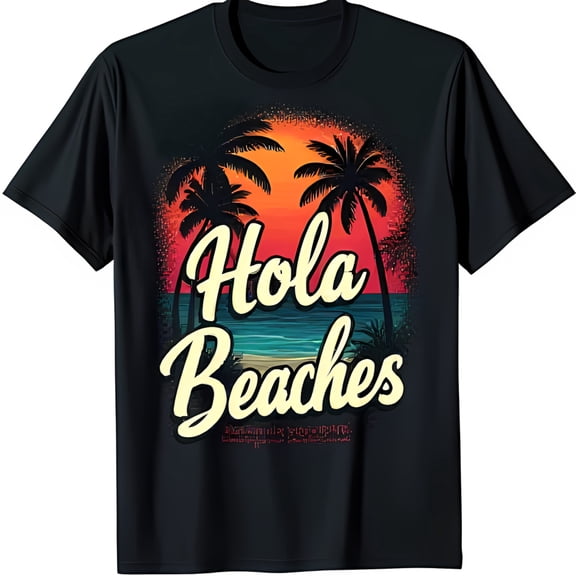 Retro Beach Scene Black T-Shirt with 'Hola Beaches' Graphic Style