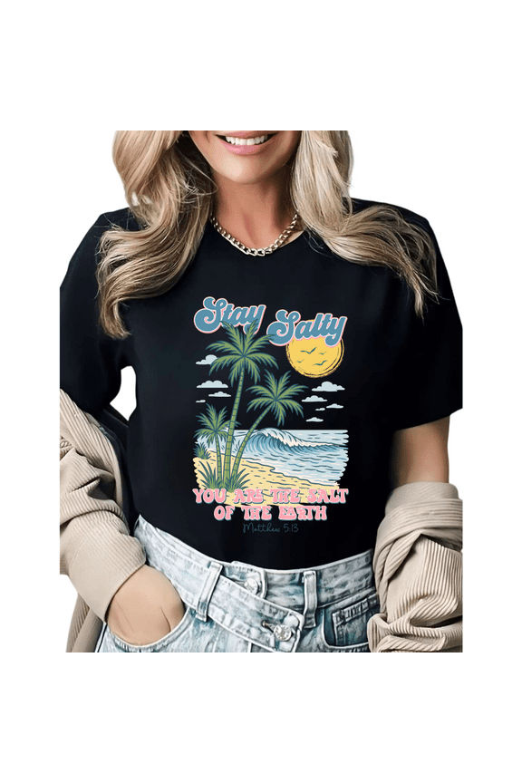 Retro Beach Stay Salty Christian Graphic Tees Womens T shirt White/Black S-5XL Shirts Casual Religious Tops