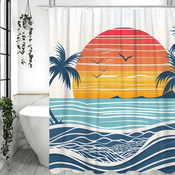Retro Beach Sunset Shower Curtain Ocean Wave & Palm Tree Print Bathroom Decor