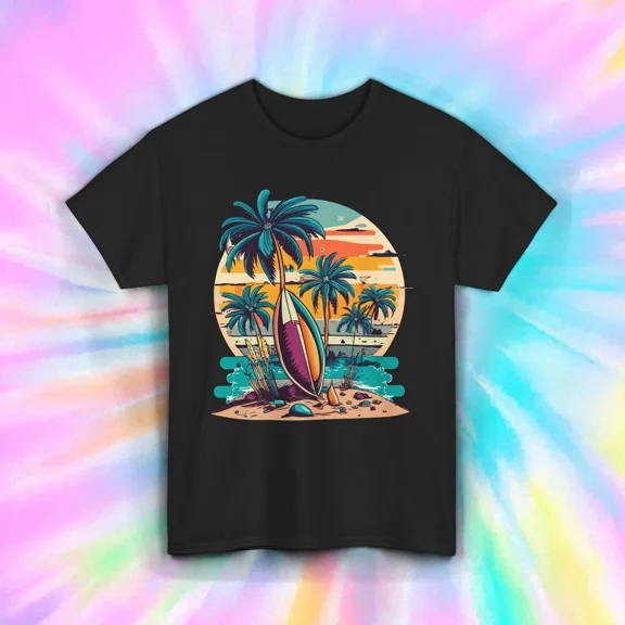 Retro Beach Surfboard Sunset Ocean Palm Tree Coastal Vibe Apparel Unisex T-Shirt, up to size 5XL