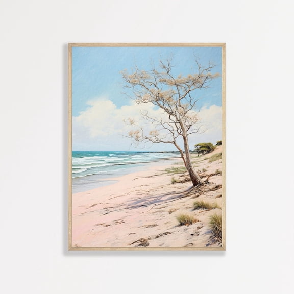 Retro Beach Tree Print: Minimal Coastal Wall Art in Muted Tones, Poster Only