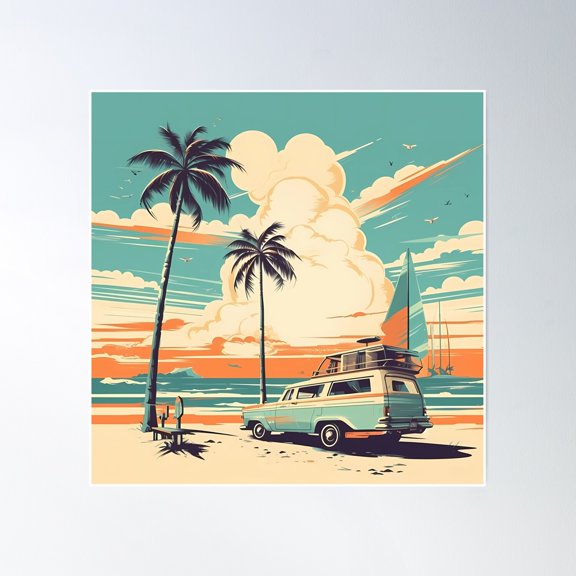 Retro Beach Vacation 1 Poster Wall Art, Modern Wall Decor, 16x16 UNFRAMED