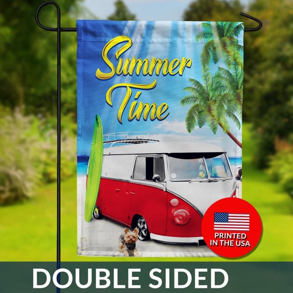 Retro Beach Van Dog Summer Flag Double Sided Surf Vibes