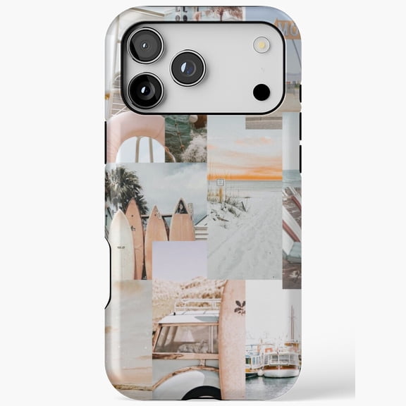 Retro Beach Vibes Collage for iPhone Case 11 through 17 Pro Max - Surfboards, Van, Ocean