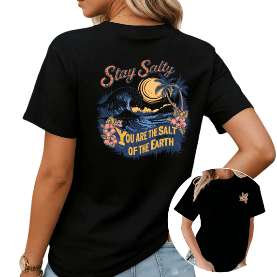 Retro Beach Wave Palm Tree Stay Salty Graphic Tees Womans T-shirt Shirts Black White S-5XL Tops