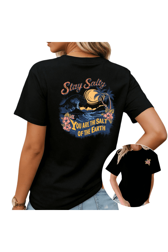 Retro Beach Wave Palm Tree Stay Salty Graphic Tees Womans T-shirt Shirts Black White S-5XL Tops