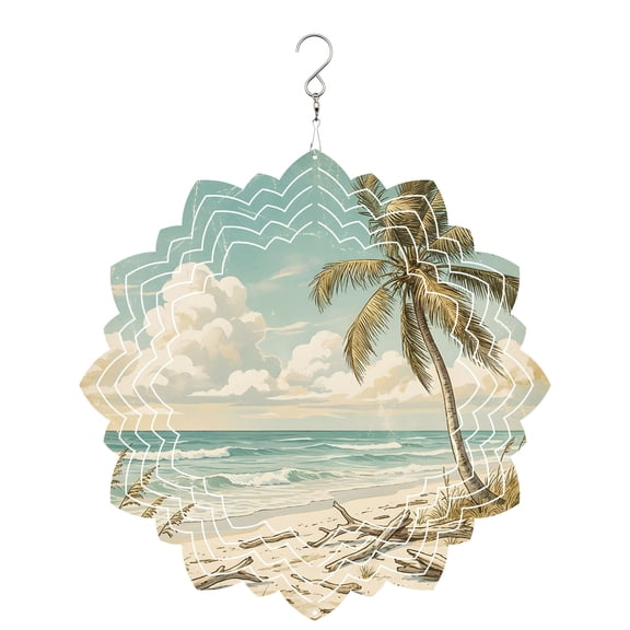 Retro Beach Wind Spinner for Garden Yard 8In, Seaside Palm Tree Ocean Cloud Distressed Texture 3D Stainless Steel Kinetic Hanging Wind Spinners Rustproof Outdoor Decor for Lawn Patio Home