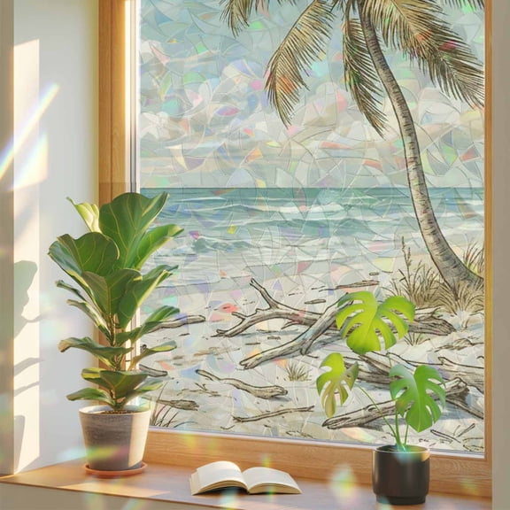 Retro Beach Window Privacy Film, Seaside Palm Tree Ocean Cloud Distressed Texture Stained Glass Rainbow Film Decorative Window Clings, Static Cling Sun Blocking Stickers 17.7" x 39.3"