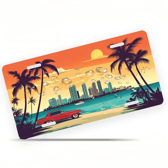 Retro Beachside Cityscape Funny Personalized License Plate Rust-proof Stainless Steel Metal License Plate Suitable For Men And Women 12.2" x 6.2"