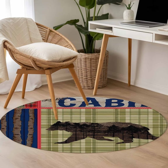 Retro Bear 3.3ft Round Rug for Bedroom Reading Corner, Cabin Green Plaid Pine Needles Pine Cones Washable Non Slip Circle Area Rug
