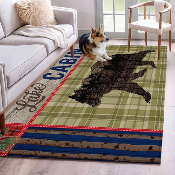 Retro Bear Area Rugs 4x6 ft Cabin Green Plaid Pine Needles Pine Cones Washable Rug Non Slip Indoor Carpet Absorbent Floor Mat for Living Room Bedroom Dining Room