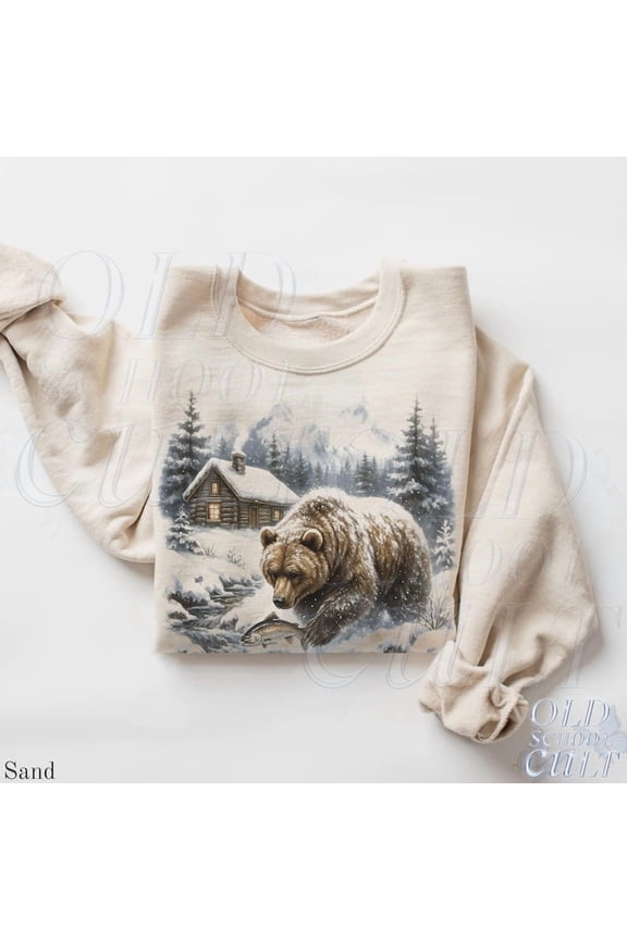 Retro Bear Cabin Sweatshirt, Vintage 90s Grizzly Fishing Graphic Crewneck, Mountain Pullover Gift, Nostalgia Winter Sweater