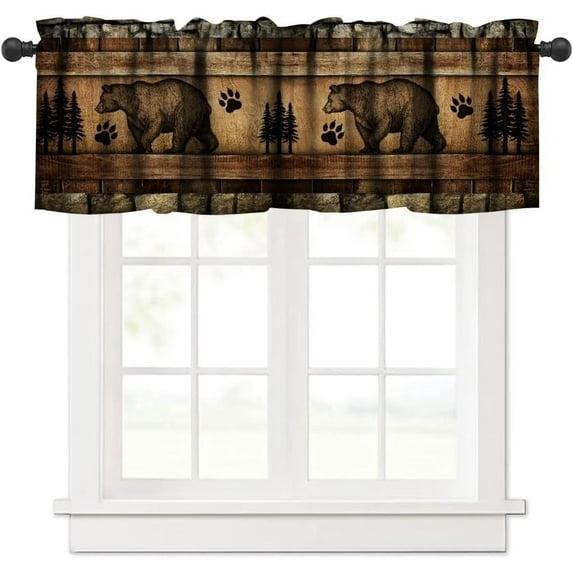 Retro Bear Curtain Valances,Rustic Woodland Wild Animal Rod Pocket Window Valance,Farmhouse Stone Wall Wooden Board Print Blackout Short Topper Curtain for Living Room Kitchen,54x18in