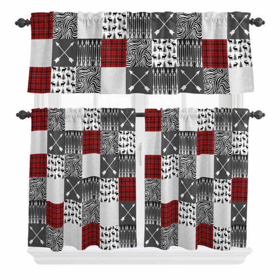 Retro Bear Curtain Valances Set Cabin Green Plaid Pine Needles Pine Cones Kitchen Curtains 36 inch Length Rod Pocket Valance and Tiers 3 Piece Set Small Bedroom Bathroom Laundry Decor