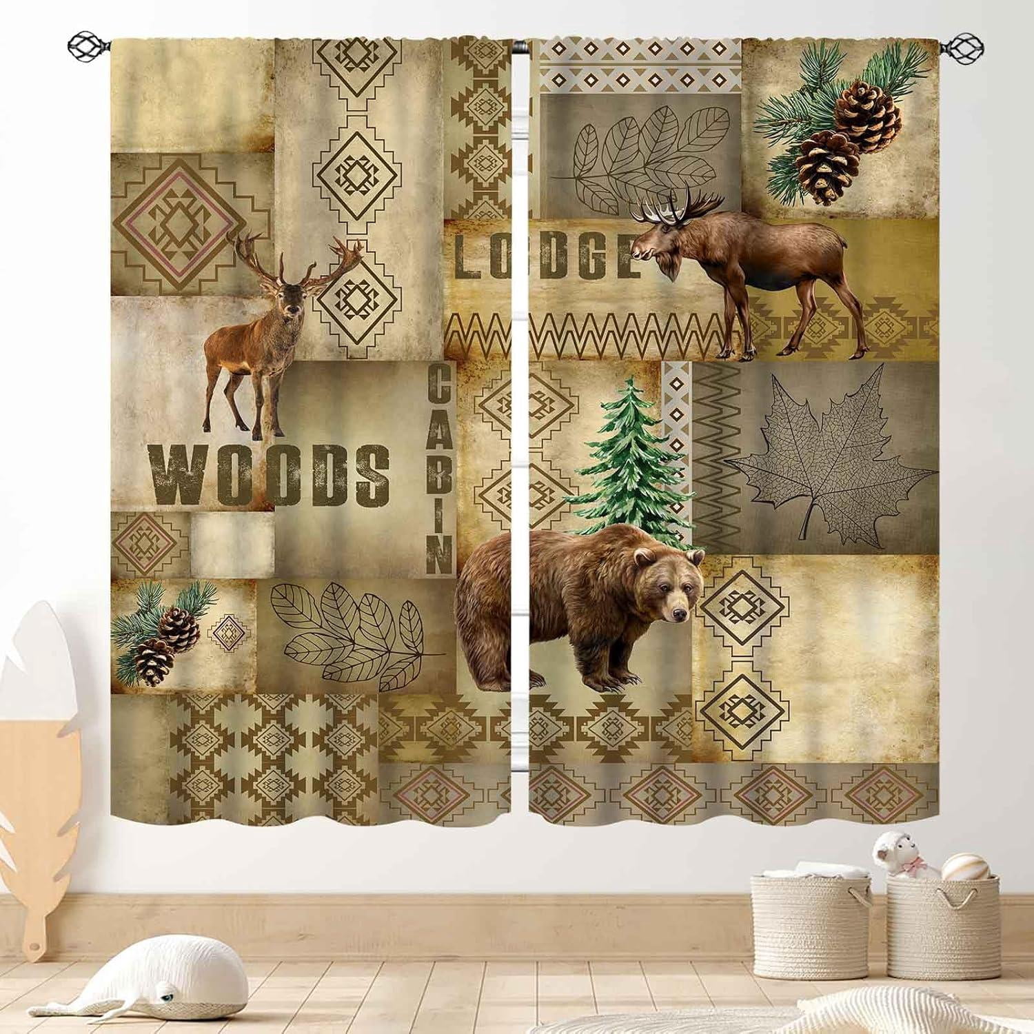 Rustic Drapery Retro Bear Curtains, Rustic Farmhouse Vintage Hunting Deer Elk Moose ...