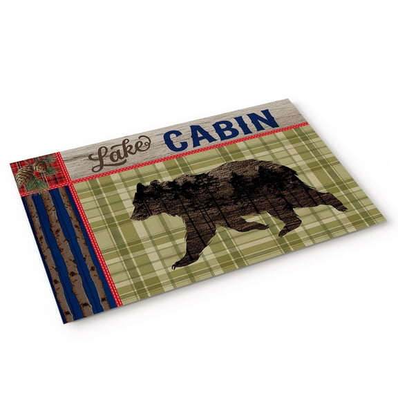 Retro Bear Door Mat Cabin Green Plaid Pine Needles Pine Cones Non Slip Absorbent Entrance Mat Washable Low Profile Indoor Doormat for Front Door Entryway Entry 16"x24"