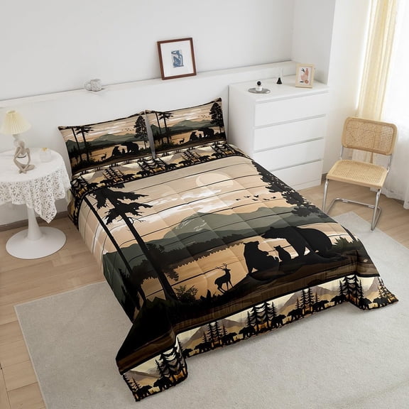 Retro Bear Family Bedding Set Wild Animal Hunt Comforter Set for Kids Boys Girls Rustic Farmhouse Comforter Retro Cabin Quilt Set Bedroom Collection 3Pcs Queen Size