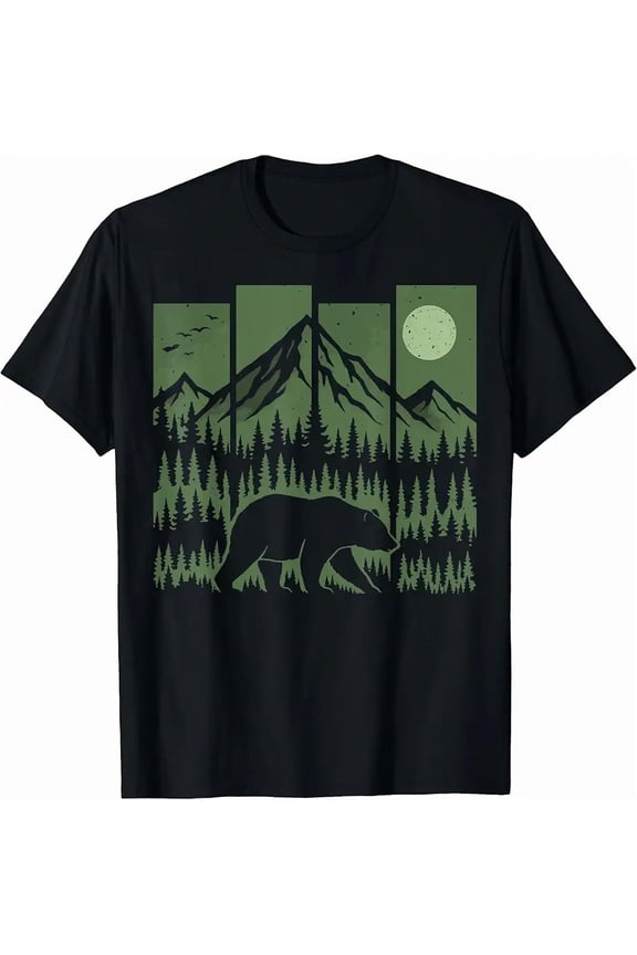 Retro Bear Forest Silhouette Mountain Outdoor Hiking Unisex Graphic Tee