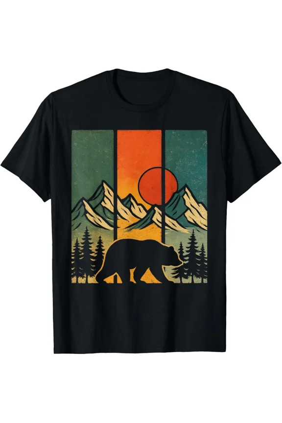Retro Bear Graphic Mountains Nature Outdoor Vintage Animal Hiking Unisex T-Shirt ,up to size 5XL