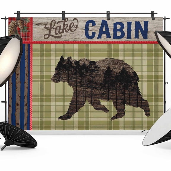 Retro Bear Photography Backdrop 7x5FT, Cabin Green Plaid Pine Needles Pine Cones Photo Backdrops, Background for Photography Studio Photo Studio Background, Back Drop for Photoshoot