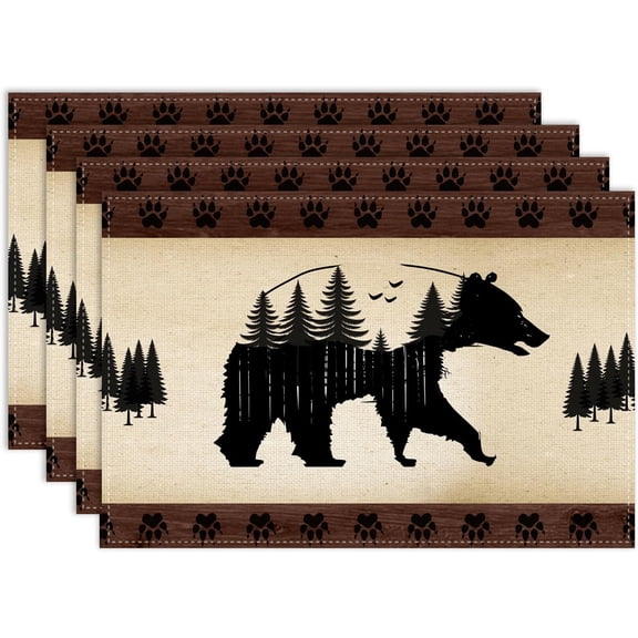 Retro Bear Placemat Set of 4, 12x18 Inch Rustic Brown Wildlife Animal Paw Print Forest Tree Farmhouse Cabin Country Lodge Coffee Table Mats for Outdoor Kitchen Dining Table Decoration