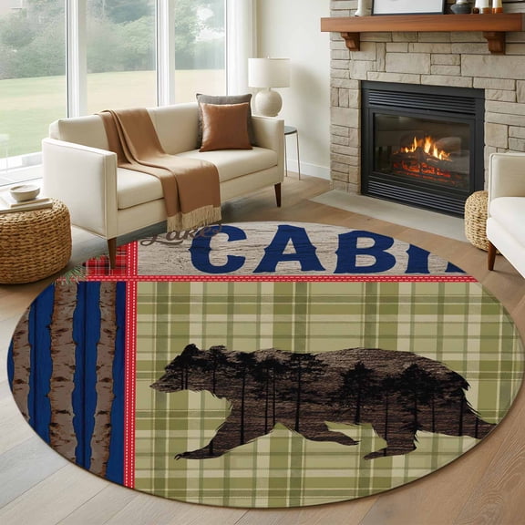 Retro Bear Round Living Room Rugs 7 ft, Cabin Green Plaid Pine Needles Pine Cones Washable Area Rug with Non-Slip Sturdy Edge Binding Round Carpet for Kitchen Office Bedroom
