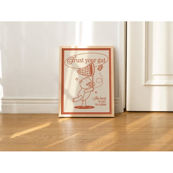 Retro Bear Self Care Art Quote Butterfly Burnt Orange, Unframed Canvas Size 24x36