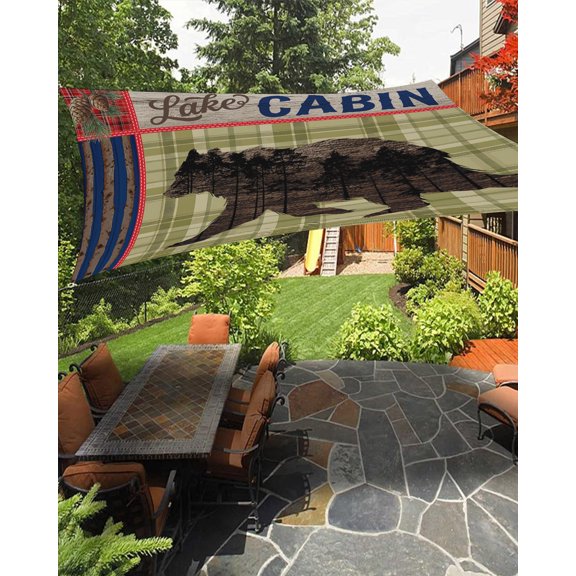 Retro Bear Sun Shade Sail 14'X18' Cabin Green Plaid Pine Needles Pine Cones UV Block Outdoor Sail Shades Breathable Waterproof Rectangular Sunshade for Patio Garden Pool Pergola Porch