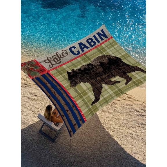 Retro Bear Sun Shade Sail 14' x 18', Cabin Green Plaid Pine Needles Pine Cones Rectangle Outdoor Sunshade Canopy, Waterproof UV Block Patio Covers for Garden Yard Beach
