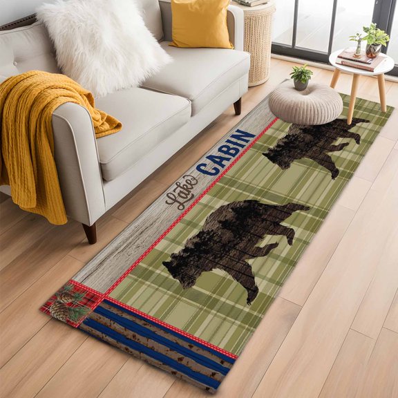 Retro Bear Washable Runner Rugs 2'x6', Cabin Green Plaid Pine Needles Pine Cones Low Pile Throw Entryway Rug Non-Slip Sturdy Edge Binding Carpet for Indoor Bedside Entrance Bedside