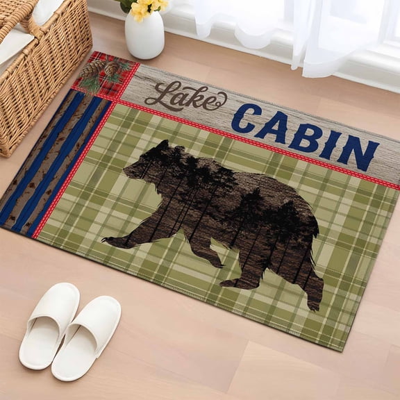 Retro Bear Washable Small Entryway Area Rugs 2'x3', Cabin Green Plaid Pine Needles Pine Cones Low Pile Throw Rug Non-Slip Sturdy Edge Binding Carpet for Front Door Floor Room Entry