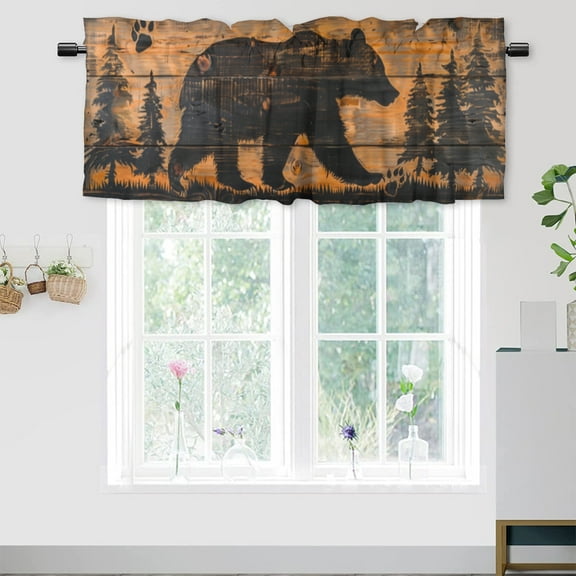 Retro Bear Window Curtain Valances Rustic Woodland Wild Animal Farmhouse Wooden Board Rod Pocket Window Valance for Living Room Bathroom Bedroom Kitchen 54 by 18 in, 1 Panel