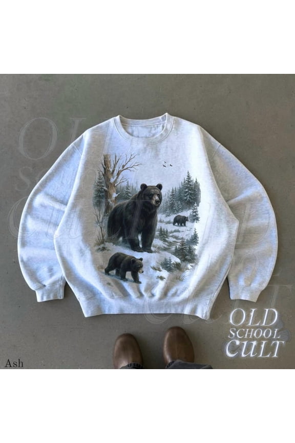 Retro Bear Winter Snow Sweatshirt , 90s Vintage Mountain Pine Cabincore Forest Outfit,Boho Unisex Crewneck Cozy Season Cabin Shirt