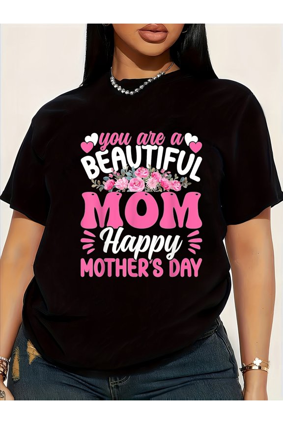 Retro Beautiful Mom Happy Mother's Day Women's Short Sleeve Graphic T-Shirt Casual Pink Floral Hearts Tee Gift for Her