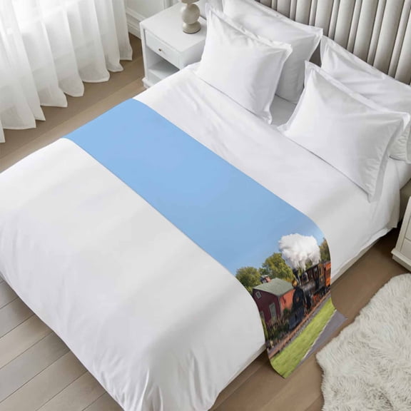 Retro Bed Runner Scarf, Train Motor Vehicle Building Sky Grass Country Scenery King Bed Scarf Runner, No Fading Decorative Bedding Scarf for Bedroom Hotels Homes and Guestrooms