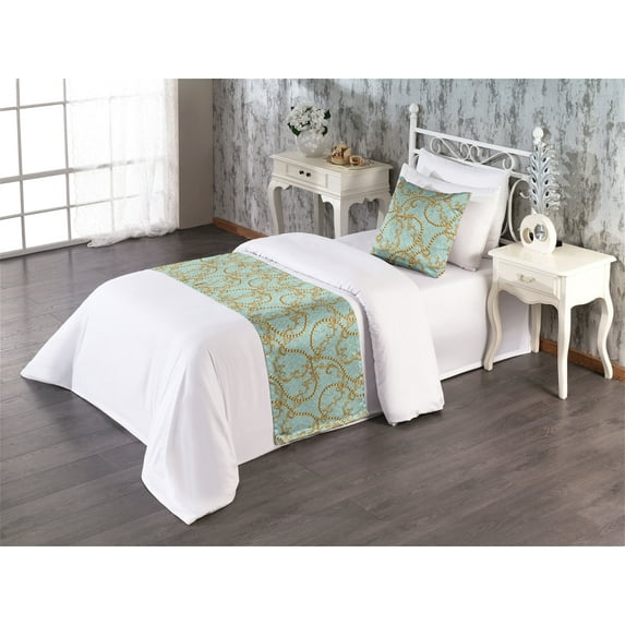 Retro Bed Runner Set, Beads and Swirly Floral Motifs Print Art Deco Inspirations Vintage Pattern, Decorative Bedding Scarf & a Pillow Sham for Hotels Homes, Twin, Pale Blue and Mustard, by Ambesonne