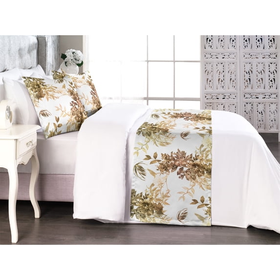 Retro Bed Runner Set, Nostalgic Botanical Repetitive Pattern of Leaves and Flowers Vintage Love, Decorative Bedding Scarf & 2 Pillow Shams for Hotels Homes, Queen, Slate Brown Warm Taupe, by Ambesonne