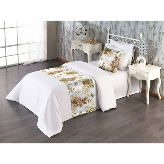 Retro Bed Runner Set, Nostalgic Botanical Repetitive Pattern of Leaves and Flowers Vintage Love, Decorative Bedding Scarf & a Pillow Sham for Hotels Homes, Twin, Slate Brown Warm Taupe, by Ambesonne