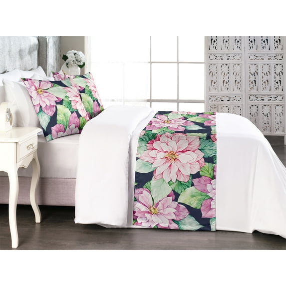 Retro Bed Runner Set, Pinkish Flowers and Leaves Pattern Fashion Theme Repetitive Illustration, Decorative Bedding Scarf & 2 Pillow Shams for Hotels Homes, King, Soft Pink Jade Green, by Ambesonne