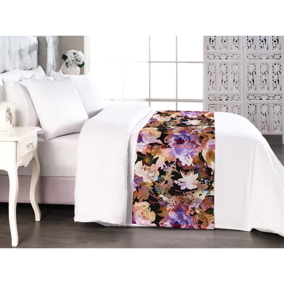 Retro Bed Runner, Vintage Floral Pattern of Watercolor Design Macro Petals Nostalgic Garden, Decorative Accent Bedding Scarf for Hotels Homes & Guest Rooms, King, Redwood Lilac Black, by Ambesonne