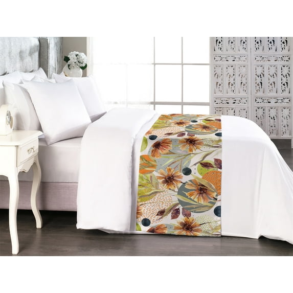 Retro Bed Runner, Watercolor Daisy Like Flowers and Leaves with Circles Dots Colorful, Decorative Accent Bedding Scarf for Hotels Homes & Guest Rooms, Queen, Green Orange and Grey Teal, by Ambesonne