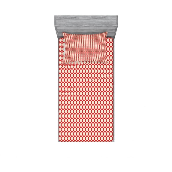 Retro Bedding Set with Sheet & Covers, Big and Small Polka Dots Pattern Symmetrical Geometric Tile Design Vintage Style, Printed Bedroom Decor 2 Shams, 4 Sizes, Red and Cream, by Ambesonne